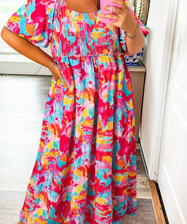 Rose Abstract Printed Puff Sleeve Square Neck Smocked Bust Tied Back Plus Size Dress