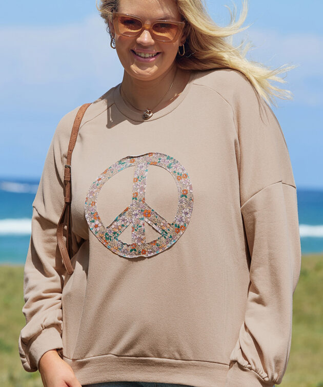 Pale Khaki Floral Peace Sign Graphic Washed Terry Plus Size Sweatshirt
