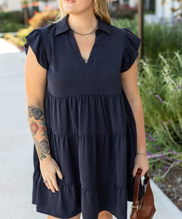 Navy Blue Collared V Neck Flutter Sleeve Tiered Plus Size Dress