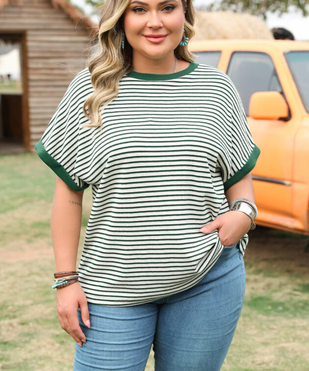 Green Stripe Trimmed Round Neck Plus Size Boxy Fit T-shirt