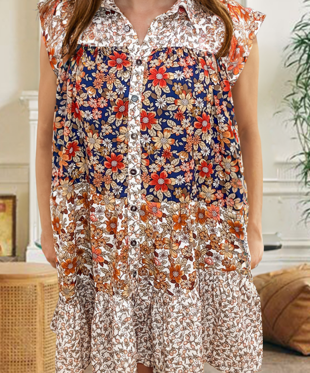 Beige Plus Size Floral Patchwork Button Front Collared Mini Dress