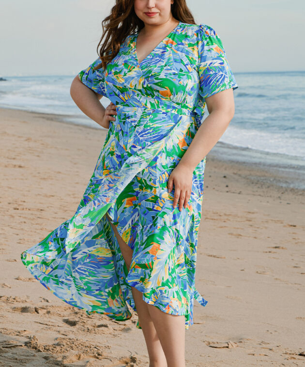 Green Leaves Print Short Sleeve Surplice Neck Ruffled Trim Plus Size Maxi Dress