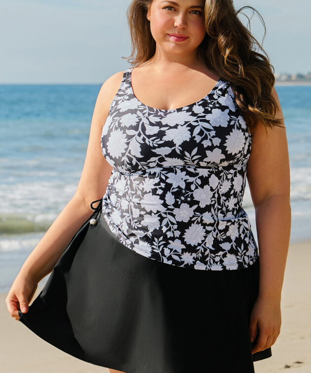 Black Plus Size Printed Square Neck Drawstring Ruffled Tankini Set
