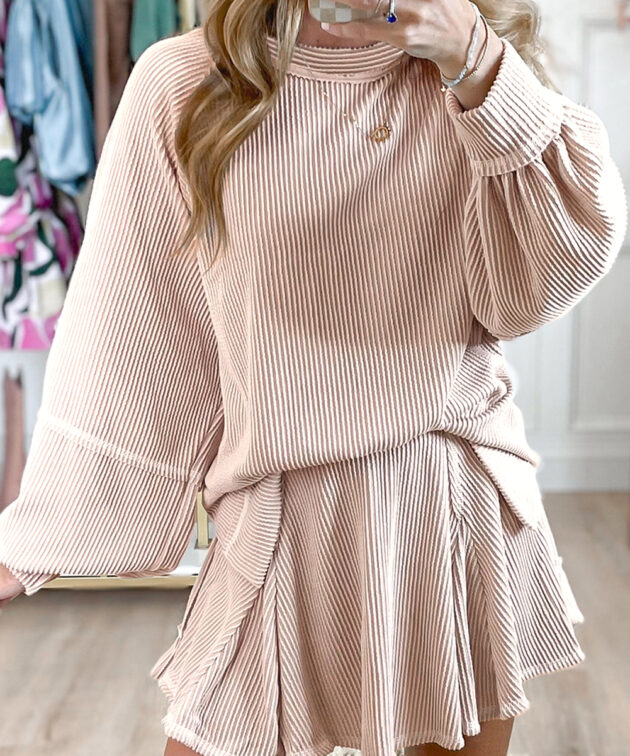 Jet Stream Corded Lantern Sleeve Top High Waist Ruffled Mini Skirt Set