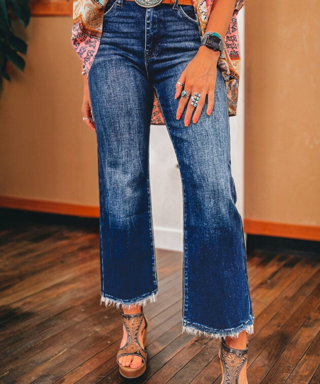 Sail Blue Mineral Wash Raw Hem High Waist Flared Jeans